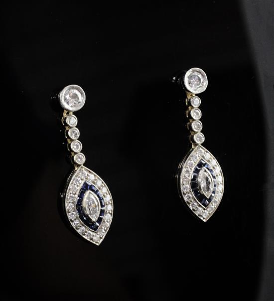 A pair of gold, diamond and sapphire drop earrings, approx. 1in.